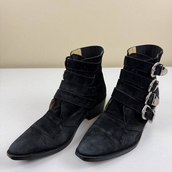 Toga Pulla Western Buckle Black Suede Ankle Boots - Picture 3 of 16